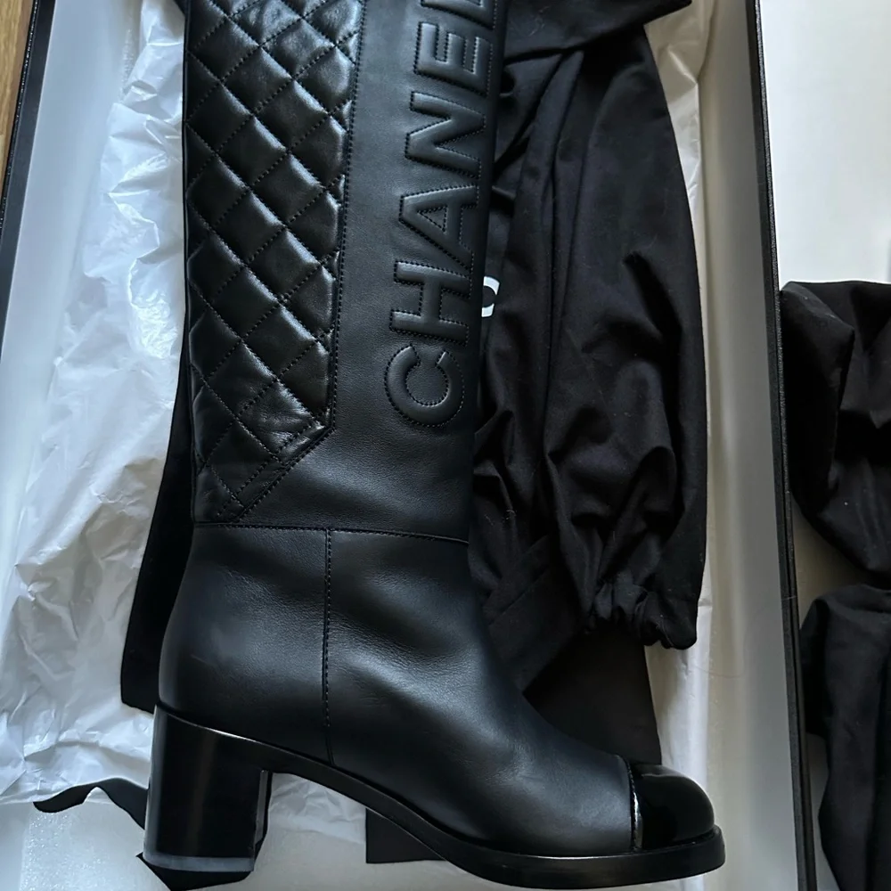 CHANEL 19B Calfskin Leather Signature Logo Knee High Tall Boots Heels